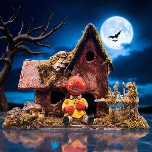 Poliwoggs Miniature Halloween House with Pumpkin Girl Moss Covered 1990s Decor